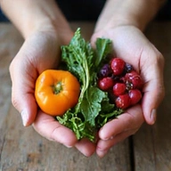 Nahaufnahme von Händen, die frisches Gemüse und Obst halten, symbolisierend gesunde Ernährung.